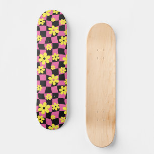 Groovy Daisy Floral Checkerboard, Y2K 90s Skateboard