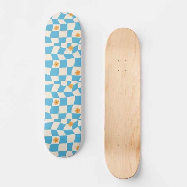 Groovy Daisy Floral Checkerboard, Y2K 90s Skateboard (Vorderseite)