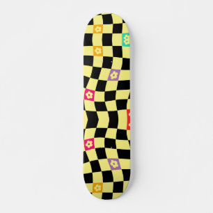 Groovy Daisy Floral Checkerboard, Y2K 90s Skateboard