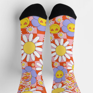 Groovy Daisy Floral Checkerboard, Y2K 90s Socken
