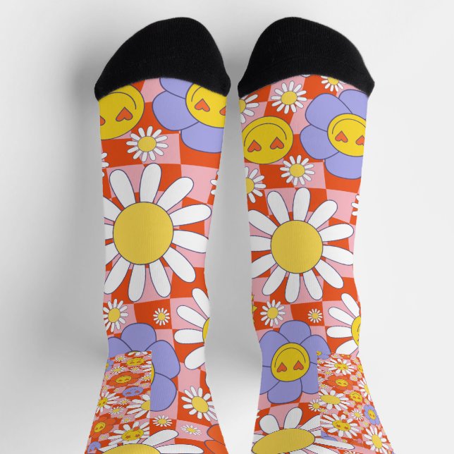 Groovy Daisy Floral Checkerboard, Y2K 90s Socken (Oben)