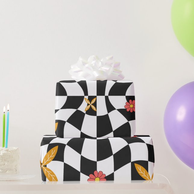 Groovy Daisy Floral Checkerboard, Y2K 90s Wrappin Geschenkpapier (Partygeschenke)