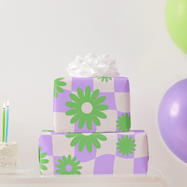 Groovy Daisy Floral Checkerboard, Y2K 90s Wrappin Geschenkpapier (Partygeschenke)