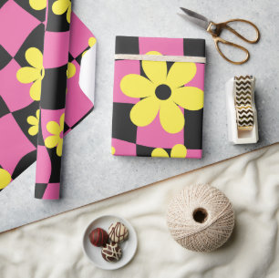 Groovy Daisy Floral Checkerboard, Y2K 90s Wrappin Geschenkpapier