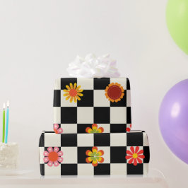 Groovy Daisy Floral Checkerboard, Y2K Geschenkpapier