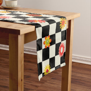 Groovy Daisy Floral Checkerboard, Y2K Kurzer Tischläufer