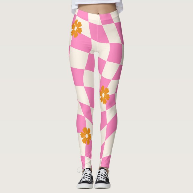 Groovy Daisy Floral Heart Checkerboard, Y2K 90s Leggings (Vorderseite)