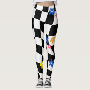 Groovy Daisy Floral Heart Checkerboard, Y2K 90s Leggings