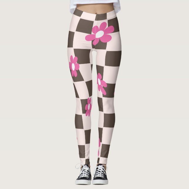 Groovy Daisy Floral Heart Checkerboard, Y2K 90s Leggings (Vorderseite)