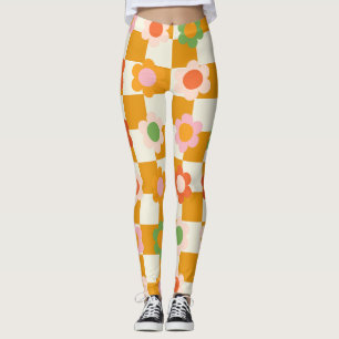 Groovy Daisy Floral Heart Checkerboard, Y2K 90s Leggings