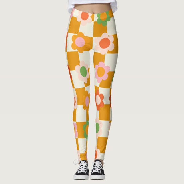 Groovy Daisy Floral Heart Checkerboard, Y2K 90s Leggings (Vorderseite)