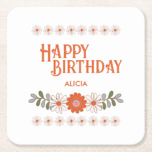 Groovy Daisy Hippie Flora Leaf Happy Birthday Rechteckiger Pappuntersetzer