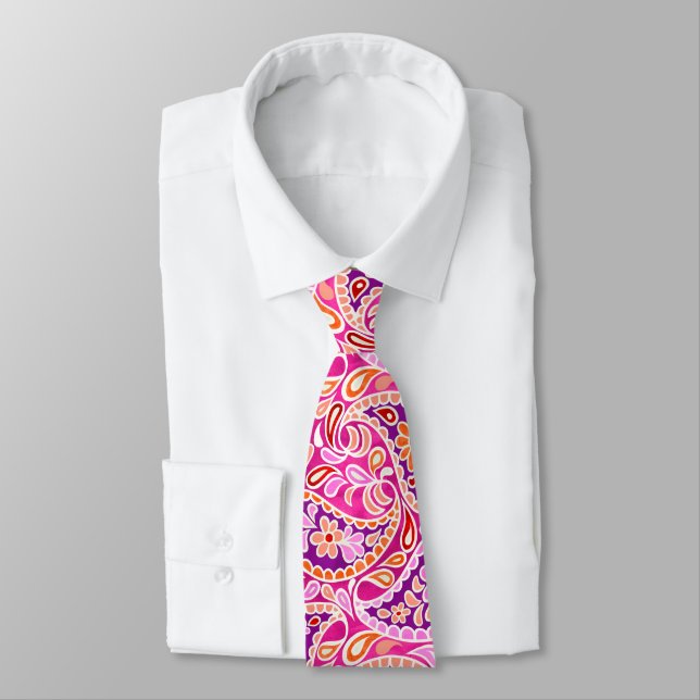 Groovy Daisy Paisley BoHo Wasserfarbe - Fuchsia Krawatte (Gebunden)