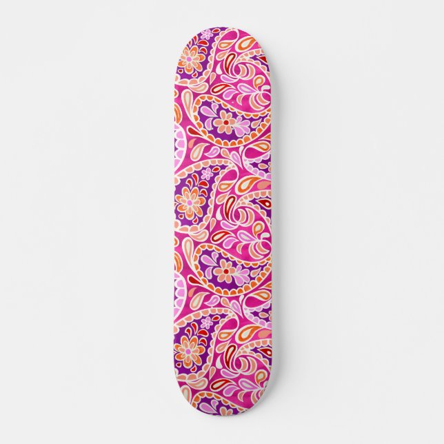 Groovy Daisy Paisley BoHo Wasserfarbe Fuchsia Skateboard (Vorne)