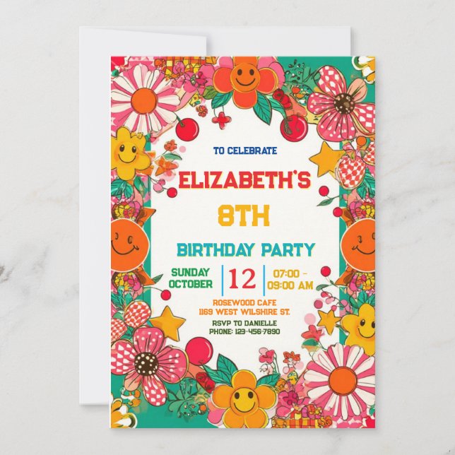 Groovy Daisy & Smiley Face Retro Geburtstag Einladung (Vorderseite)