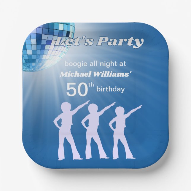Groovy Disco-Kugel Blau Männer 50. Geburtstag Pappteller (Vorderseite)