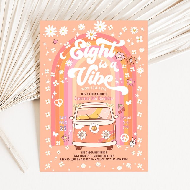 Groovy Eight ist ein Vibe Van Bus zum 8. Geburtsta Einladung (Von Creator hochgeladen)