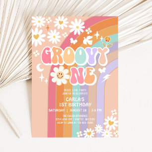 Groovy Eins Hippie 70er Retro 1. Geburtstag Einladung