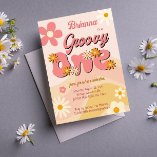 Groovy Eins Retro-Gänseblümchen erste Geburtstagsf Einladung