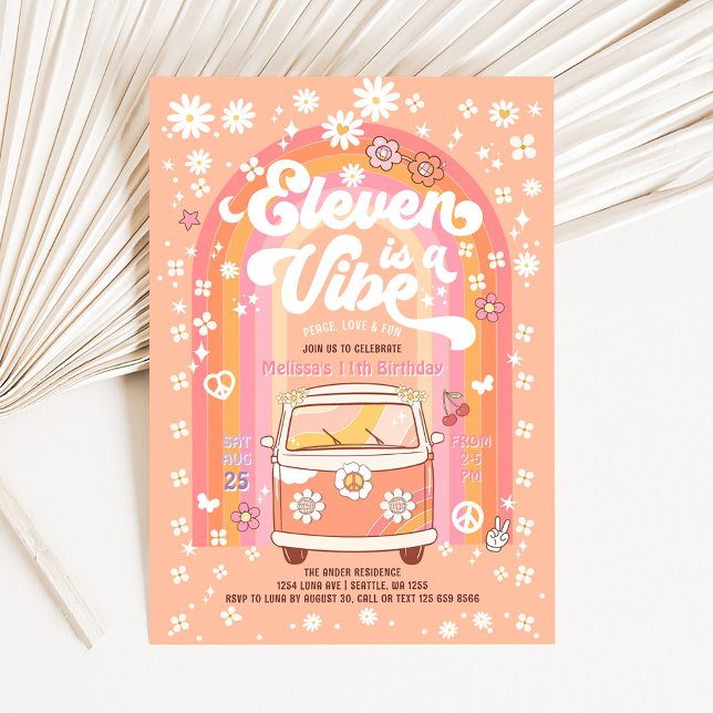 Groovy Eleven ist ein Vibe Van Bus zum 11. Geburts Einladung (Von Creator hochgeladen)