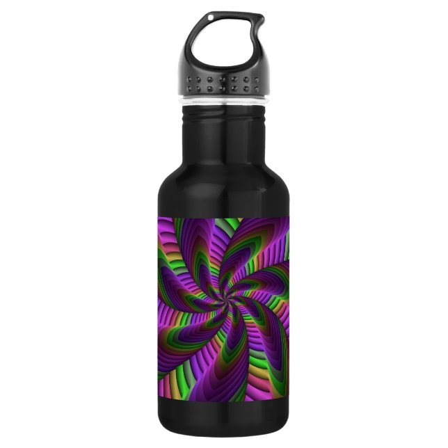 Groovy Energetic Colorful Neon Fraktal Pattern Edelstahlflasche (Vorderseite)