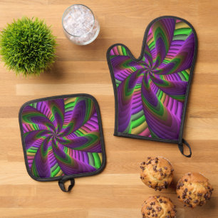 Groovy Energetic Colorful Neon Fraktal Pattern Ofenhandschuh & Topflappen-Set