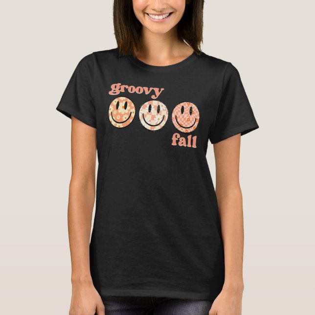 Groovy Fall Happy Face Retro Blume Schachbrett T-Shirt (Vorderseite)