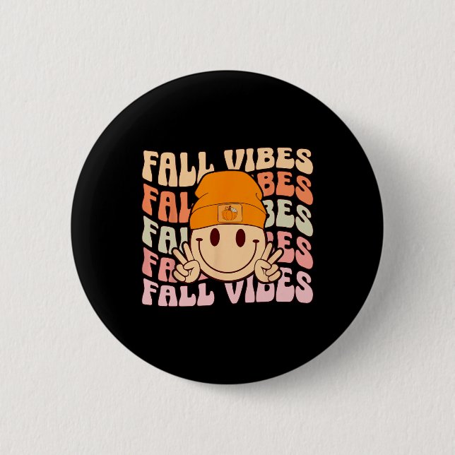 Groovy Fall Vibes Smile Face Retro Herbstwochen Button (Vorderseite)