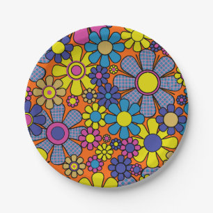 Groovy Farbige Retro Maximalist 60er 70er Floral Pappteller