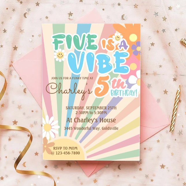 Groovy Five ist ein Vibe Retro Sunshine 5. Geburts Einladung (Von Creator hochgeladen)