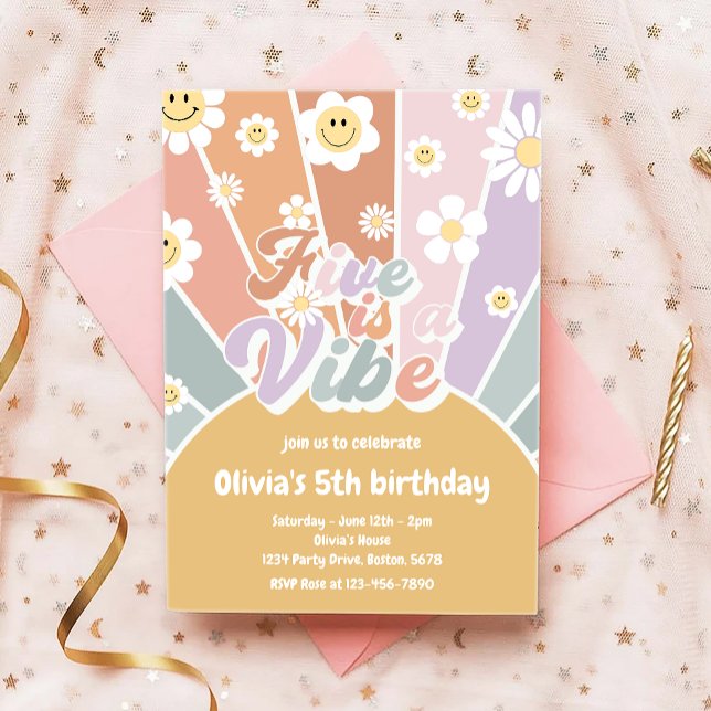 Groovy Five ist ein Vibe Retro Sunshine 5. Geburts Einladung (Von Creator hochgeladen)