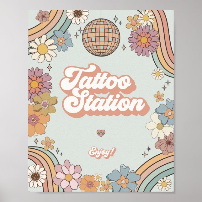 Groovy floral 70er Retro-Tätowierstation Gefallen  Poster (Vorne)