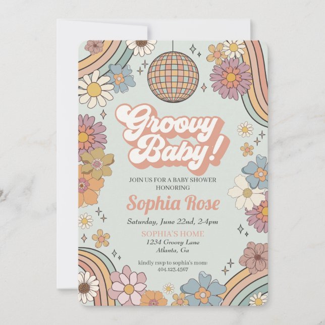 Groovy Floral Baby Dusche, 70er Retro Thema laden  (Vorderseite)