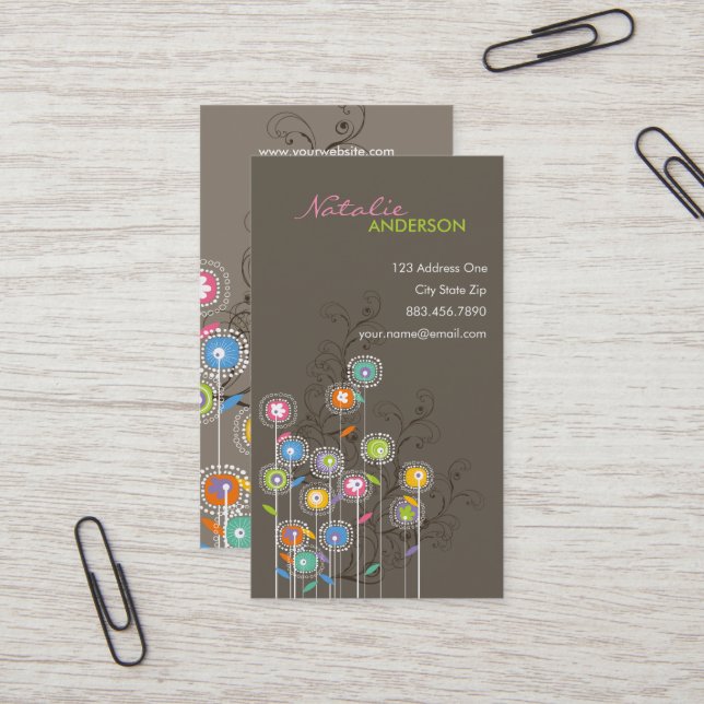 Groovy Flower Garden Whimsikfarbene Blume Visitenkarte (Vorderseite/Rückseite Beispiel)