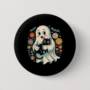 Groovy Flower Geist hält schwarze Katze Halloween Button