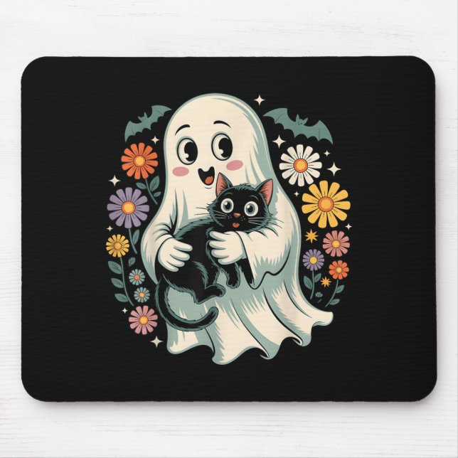 Groovy Flower Geist hält schwarze Katze Halloween Mousepad (Vorne)