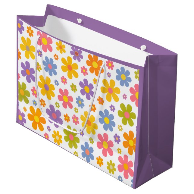 Groovy Flower Power (Lila) Große Geschenktüte (Vorderseite Schrägansicht)