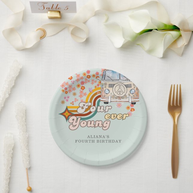Groovy Fourever Young daisy Van 4. Geburtstag Pappteller (Hochzeit)