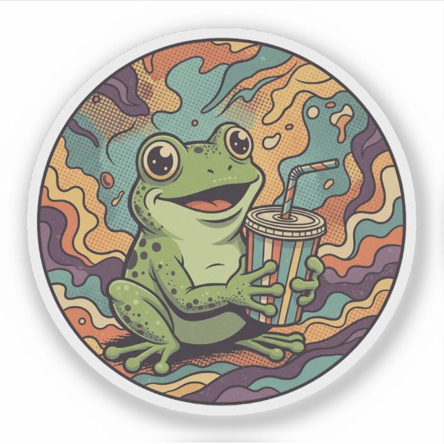 Groovy Frog Drinking Soda - Retro Psychedelic Art Aufkleber (Vorderseite)
