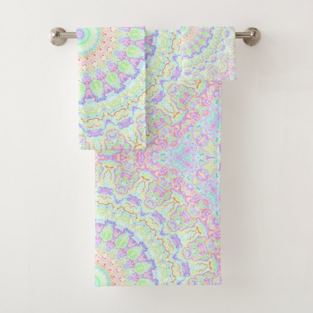 Groovy Funky Boho Hippie Rainbow Abstrakt Mandala Badhandtuch Set (Insitu)