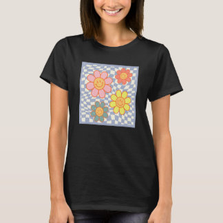 Groovy Gänseblümchen-Blumen-Happy-Face-Hippie-Karo T-Shirt