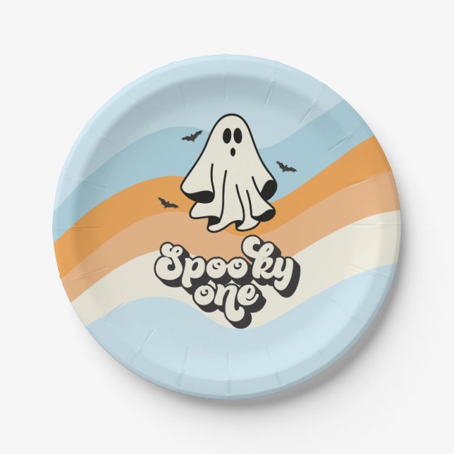 groovy Ghost Retro Halloween Spooky One Blue Pappteller (Vorderseite)
