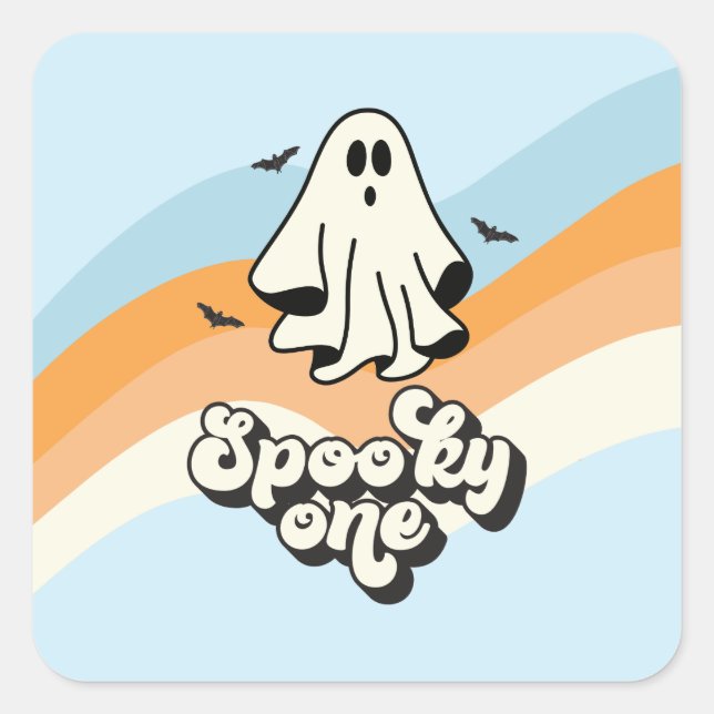 groovy Ghost Retro Halloween Spooky One Blue Quadratischer Aufkleber (Vorderseite)