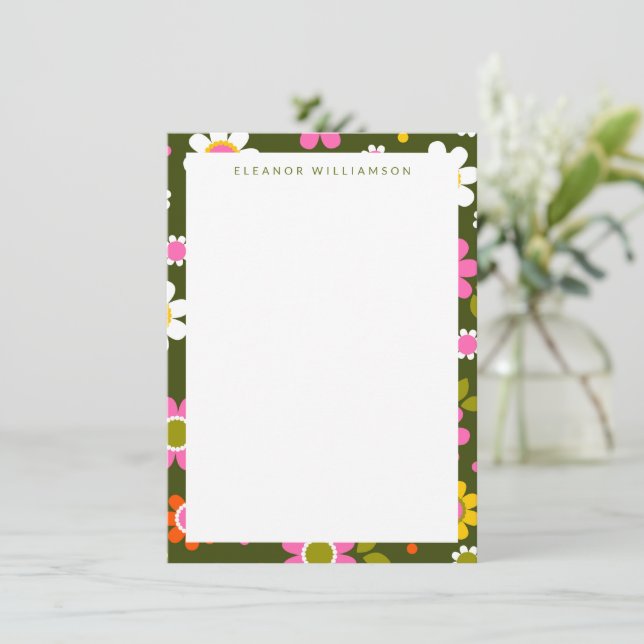 Groovy Green Retro Blume Personalisiert Stationery Mitteilungskarte (Stehend Vorderseite)