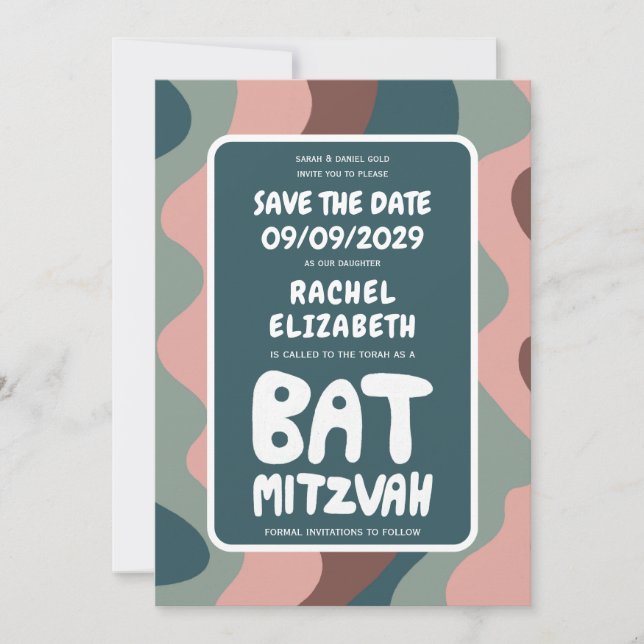 Groovy Green Waves Custom Bat Bar Bnai Mitzvah Save The Date (Vorderseite)