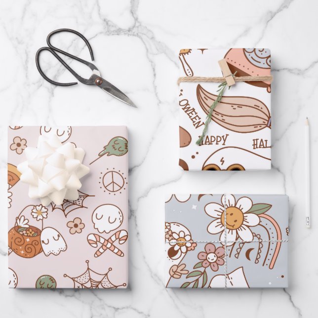 Groovy Halloween Boo Ghost Funny Retro Muster Geschenkpapier Set (Vorderseite)