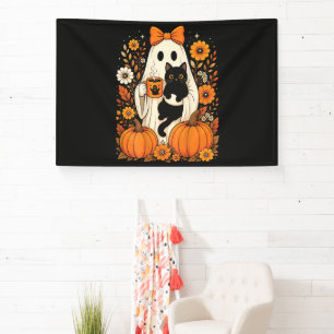 Groovy Halloween-Geist mit schwarzer Katze floral Banner