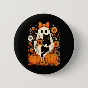 Groovy Halloween-Geist mit schwarzer Katze floral Button
