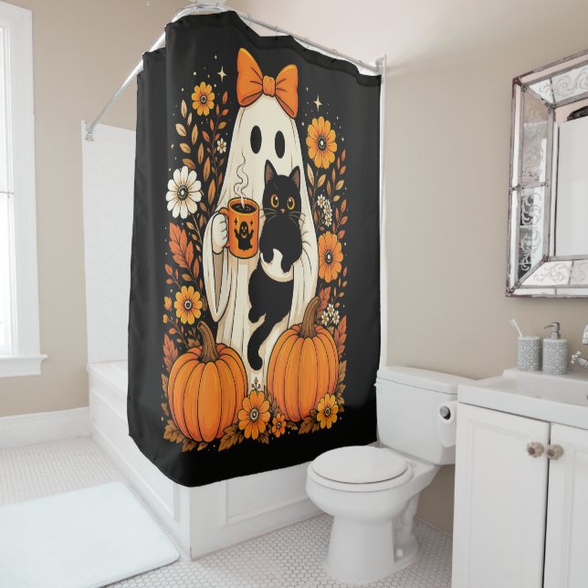 Groovy Halloween-Geist mit schwarzer Katze floral Duschvorhang (Beispiel)