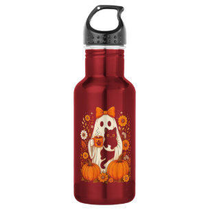 Groovy Halloween-Geist mit schwarzer Katze floral Edelstahlflasche